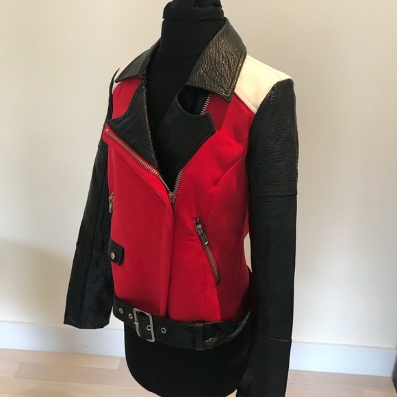 Express Color Block Moto Jacket Red Black & White - Picture 5 of 7